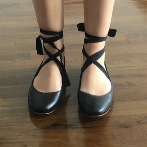 black leather tie up ballet flats
